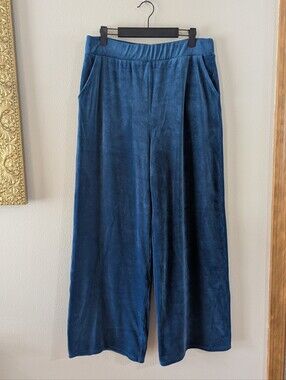 Blue Velour Wide Leg Pants